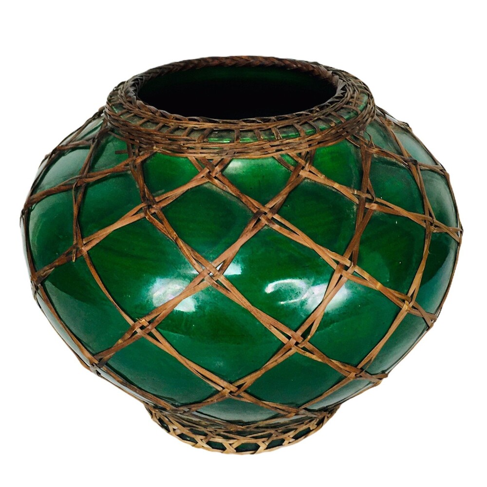Antique Awaji Grass Green Bamboo Wrapped Pottery Japanese Vase Signed Japan
